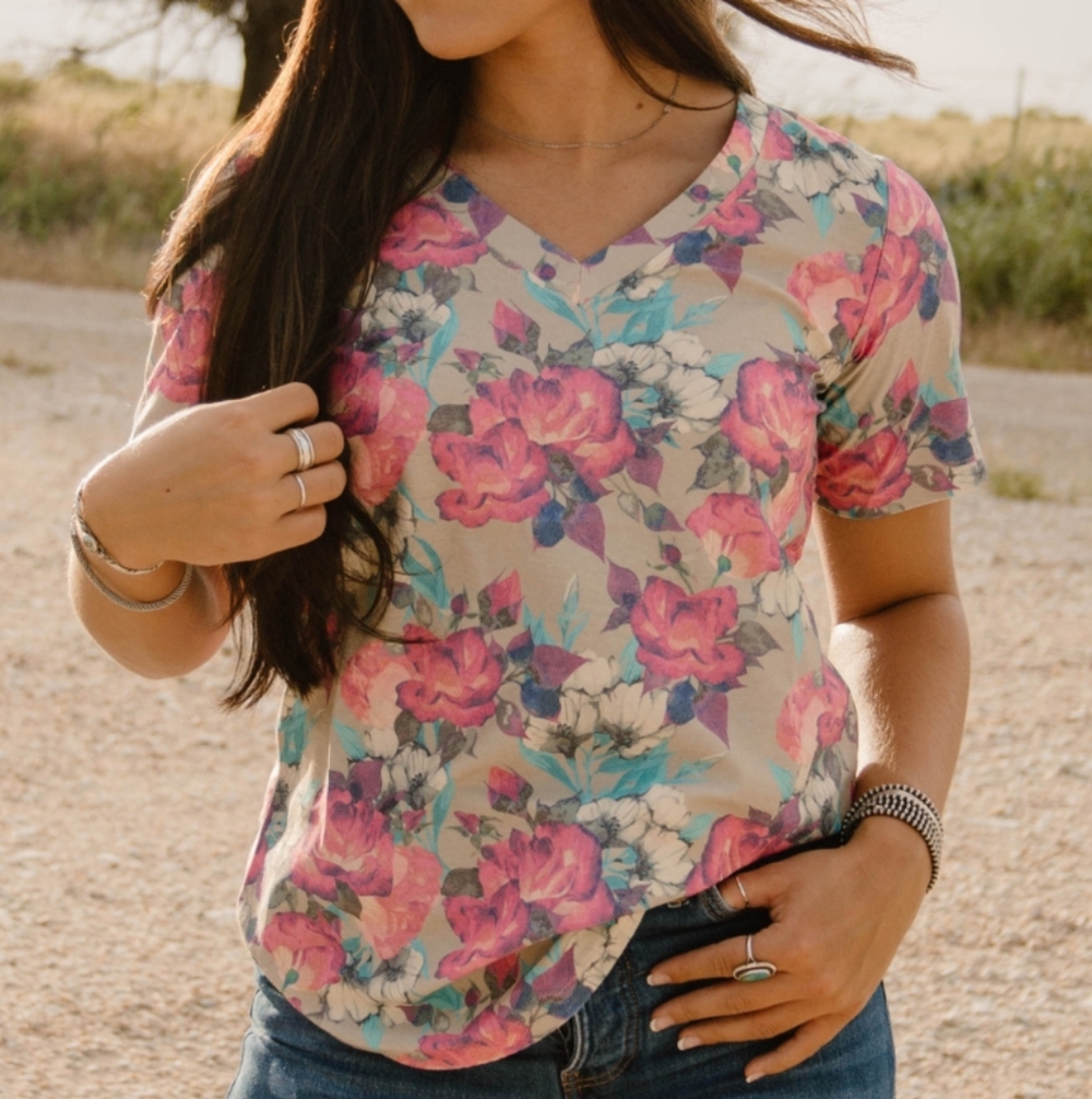 NEW STERLING KREEK Pink Life Is A Flower Rose V Neck Tee